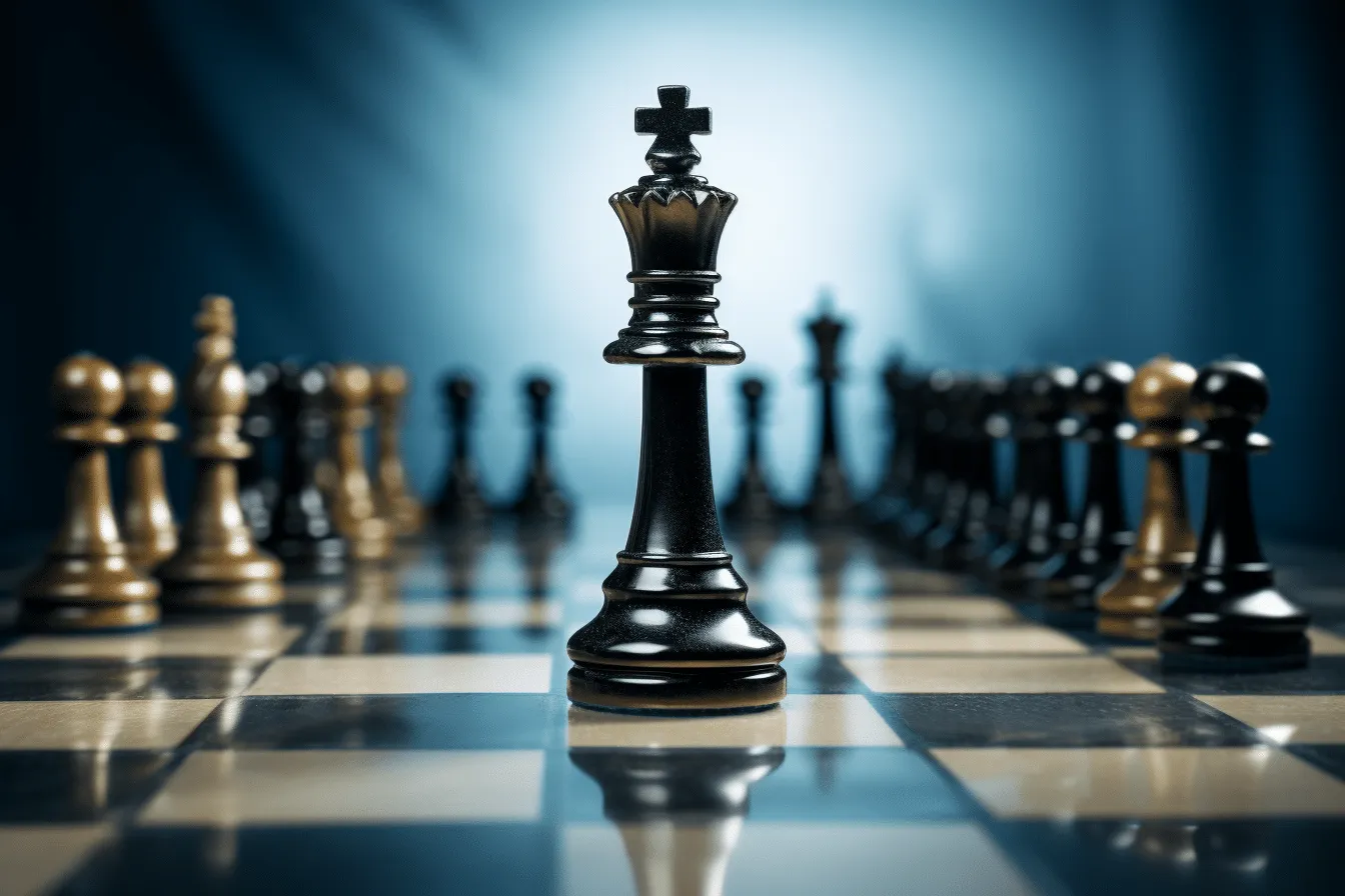 A black king standing on a chessboard with other pieces behind it